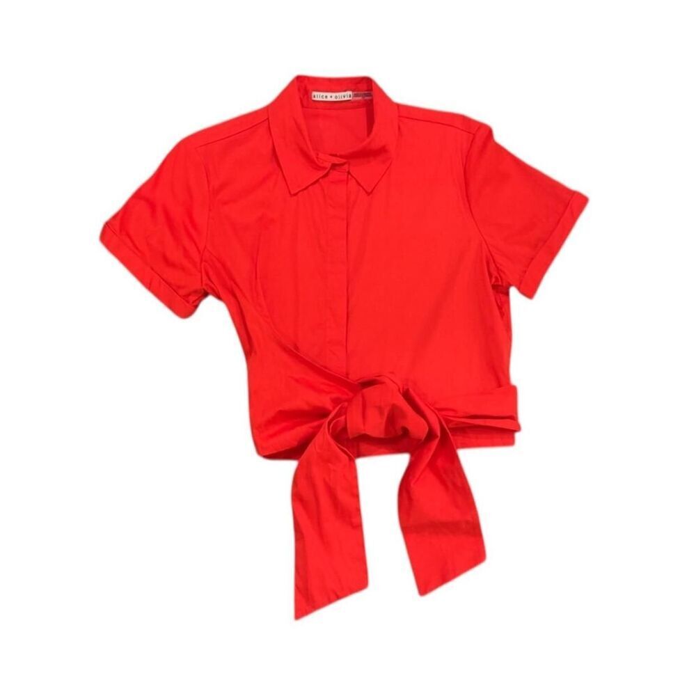 Alice + Olivia Red Crop Tie Front Button Down Shirt - Picture 4 of 7